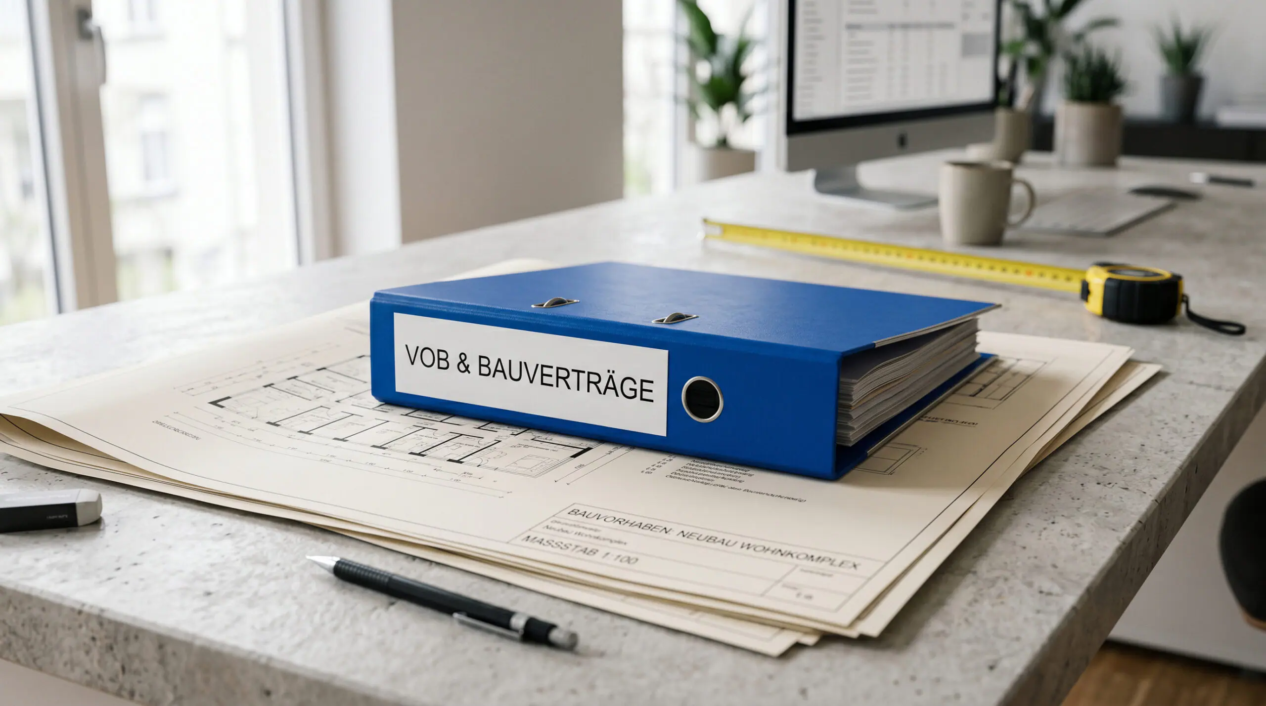 Auf einem Tisch mit einem Bauplan liegt ein blauer Ordner mit der Beschriftung: VOB und Bauverträge