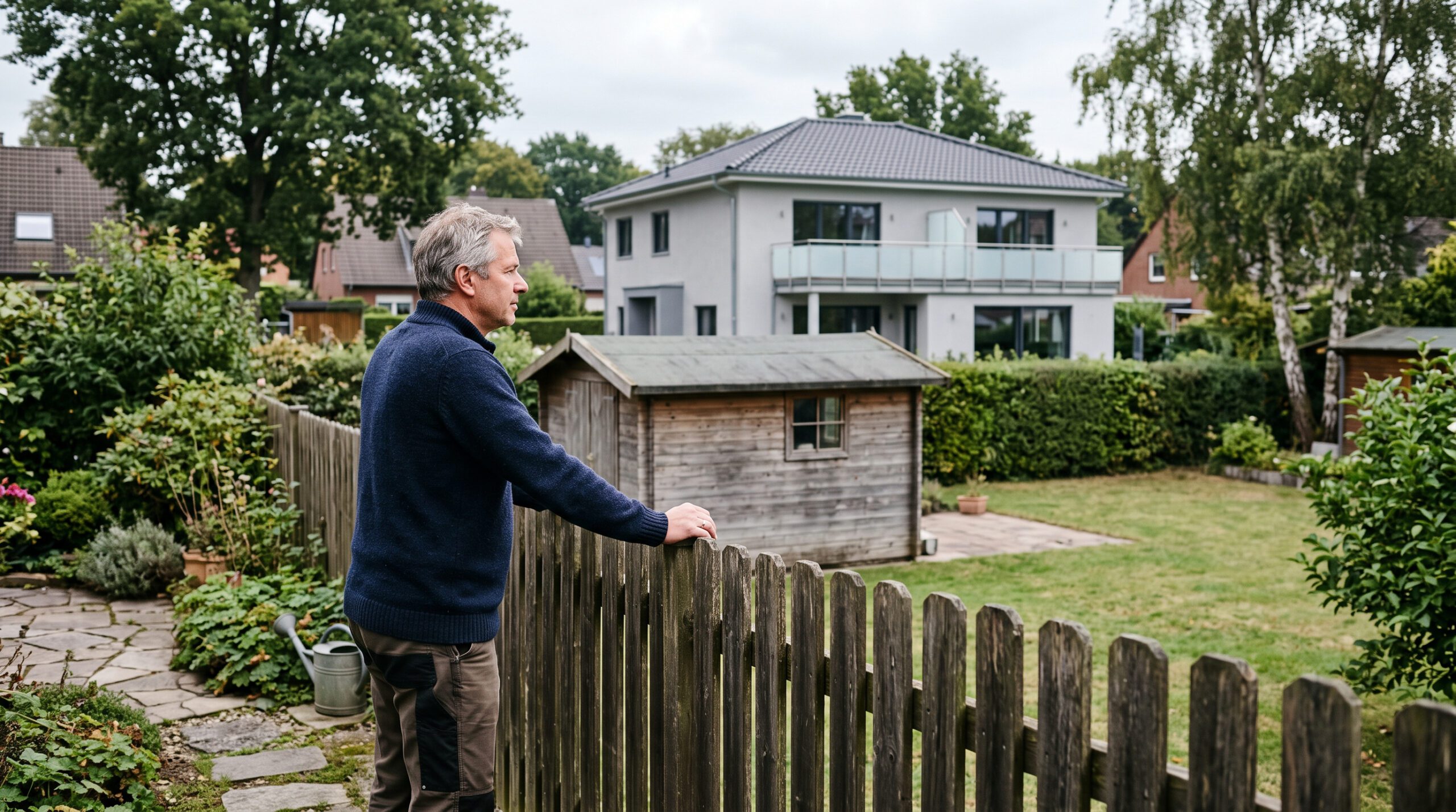 Mann im Vorgarten steht am Holzzaun und blickt auf das neue Wohnhaus im Abstand zur Grundstücksgrenze.