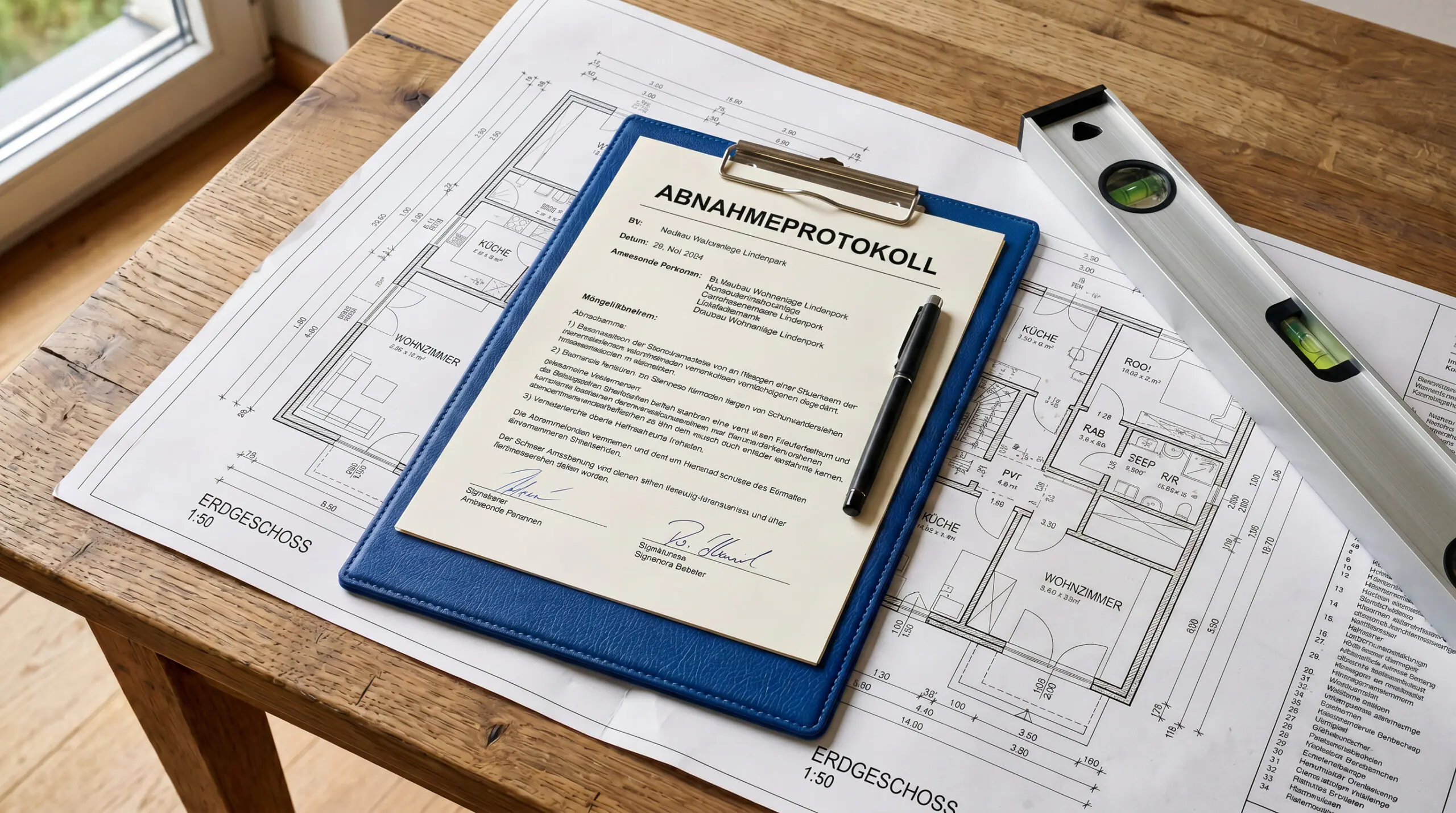 Auf einem ausgebreiteten Bauplan liegt ein Klemmbrett mit einem Übernahmeprotokoll
