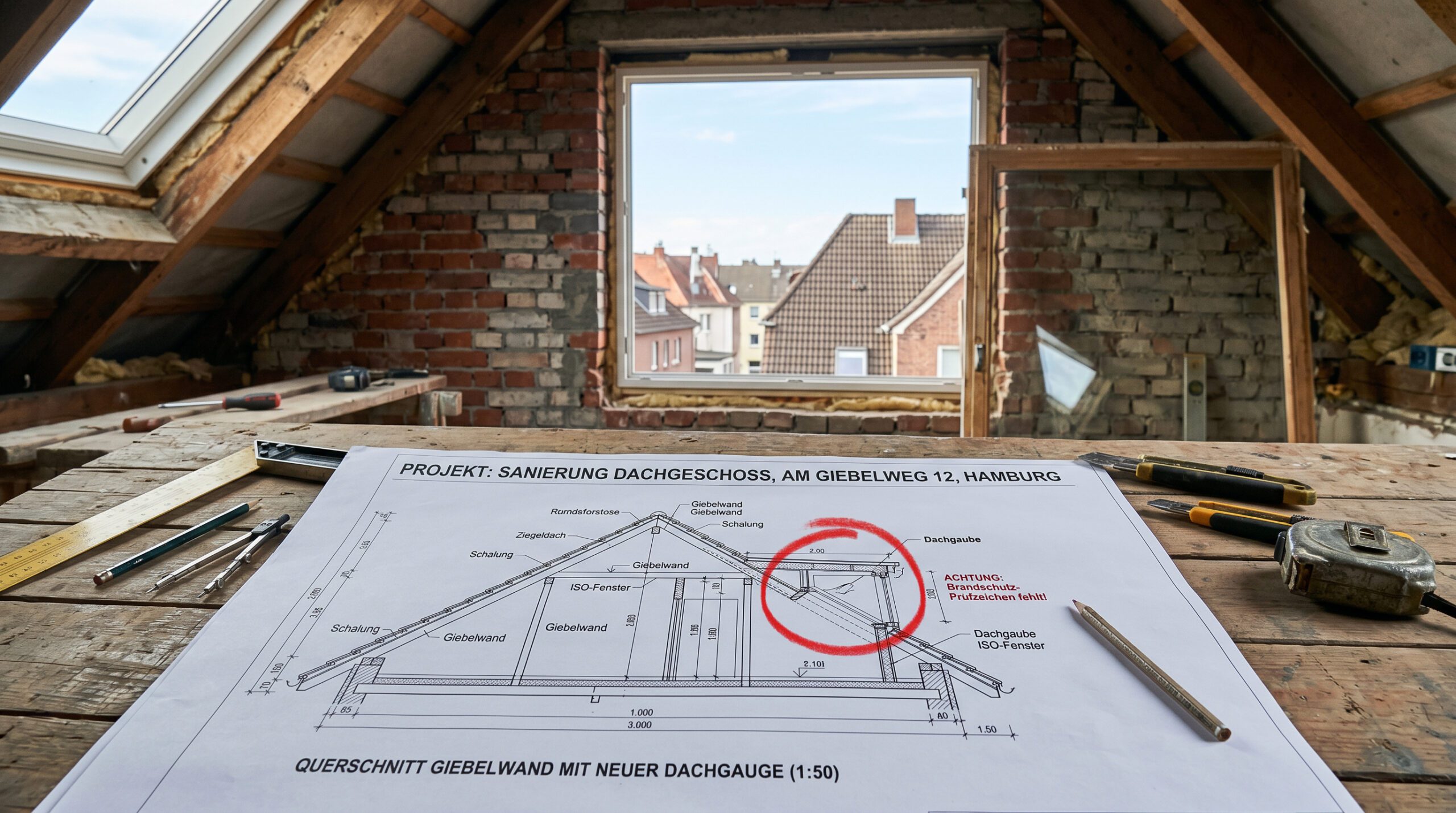 Bauzeichnung einer Dachgaube auf einem Arbeitstisch, eine Fensteröffnung an der Grundstücksgrenze ist rot markiert.