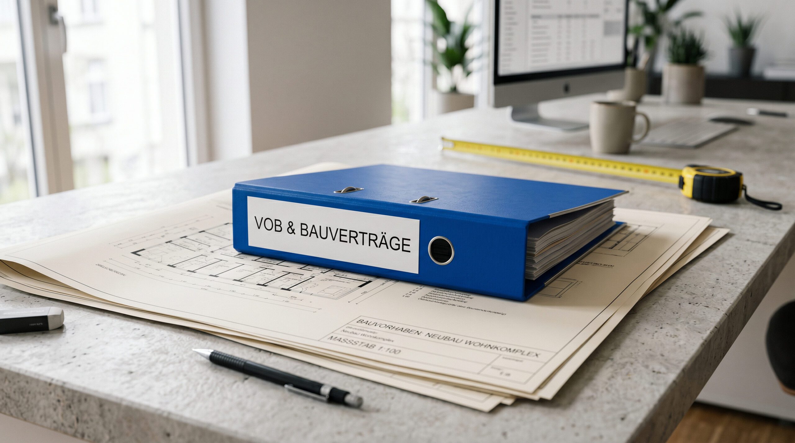 Auf einem Tisch mit einem Bauplan liegt ein blauer Ordner mit der Beschriftung: VOB und Bauverträge